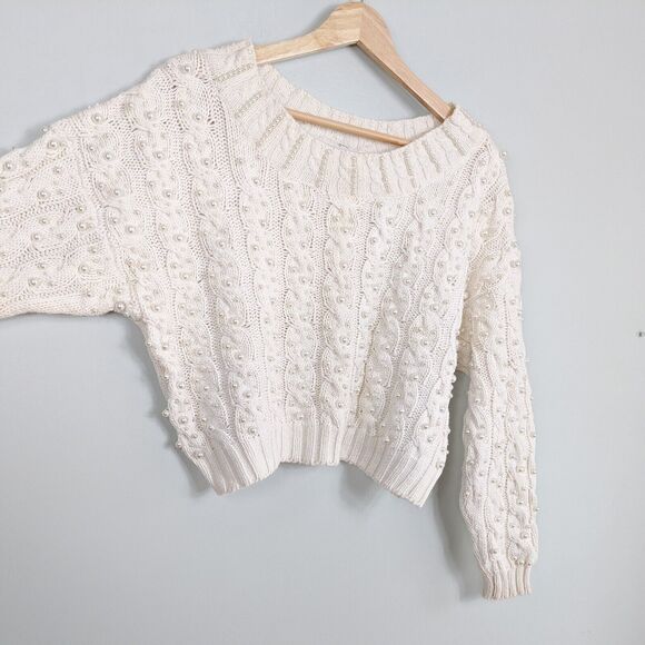 Vintage 90s Sweater Cable Knit Pearl Cropped Off White Coquette Feminine M - Picture 2 of 13